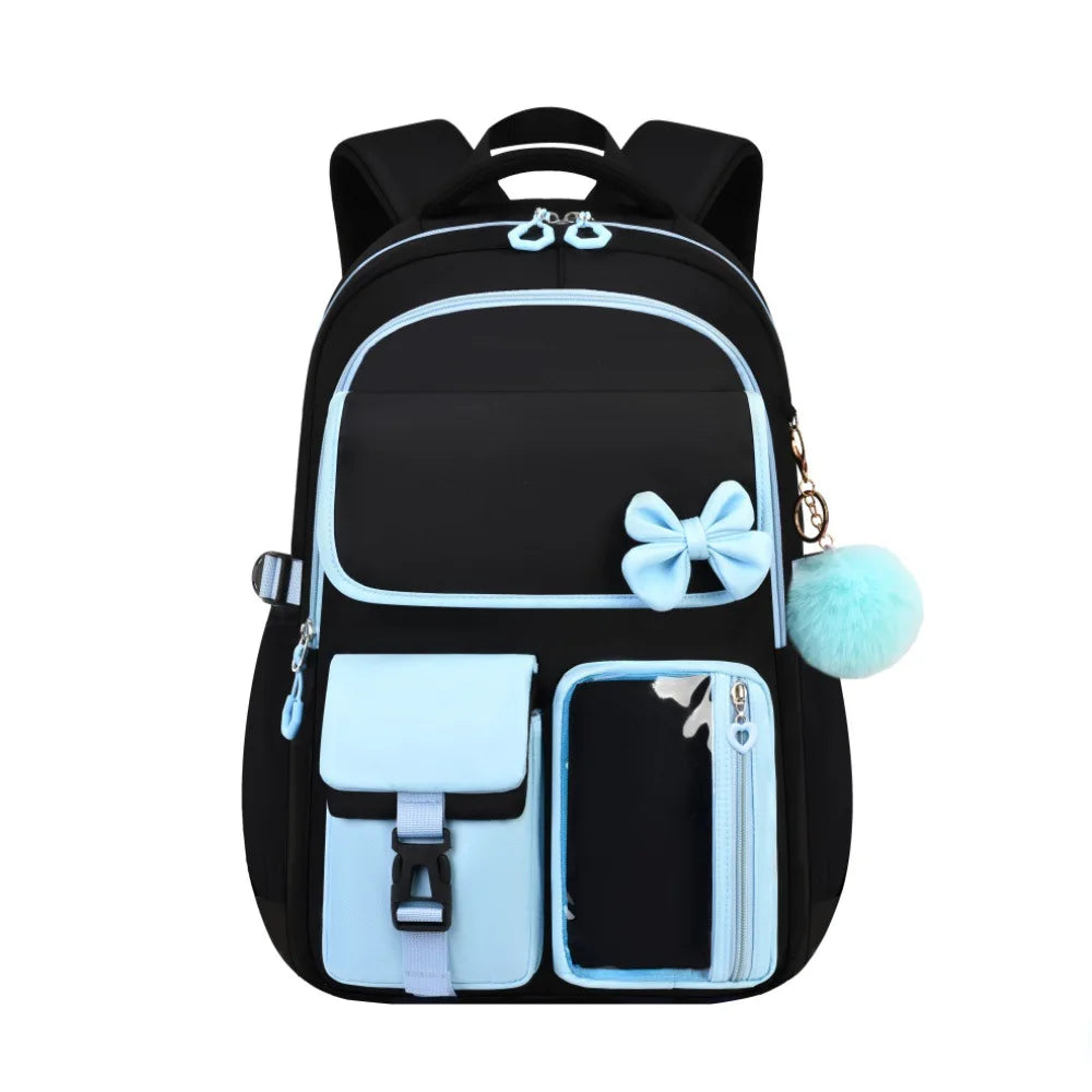 Zaino scolastico elementare multitasche per ragazze, zaino ergonomico impermeabile con fiocco, set di zaini per viaggi all'aperto e uso quotidiano