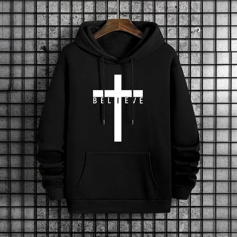 Felpa con Cappuccio da Uomo con Stampa Croce di Gesù, Moda Urbana Casual Streetwear, Trendy Autunno Inverno 2026