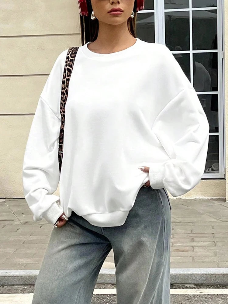 Felpa da Donna Primaverile Bianca Traspirante, Pullover Tinta Unita, Top Casual Ampio per Tutte le Stagioni, Manica Lunga Sottile con Collo Rotondo