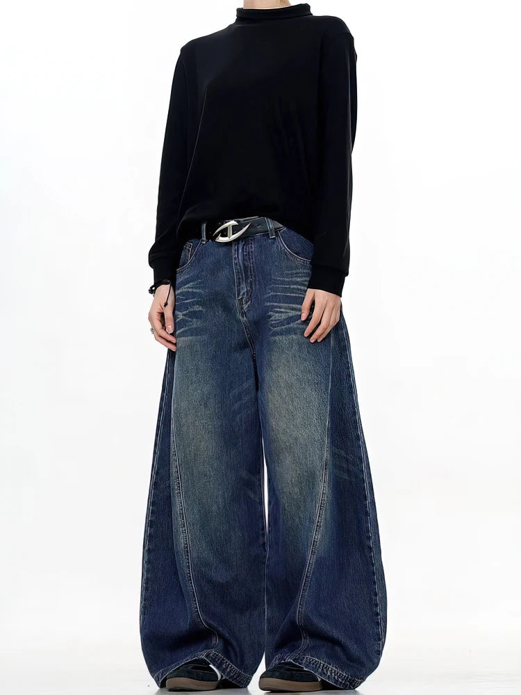 Jeans Baggy Vintage Neri Lavati da Uomo, Pantaloni a Gamba Larga con Taglio Curvo, Streetwear, Stile Cowboy, Casual, in Denim, a Gamba Dritta