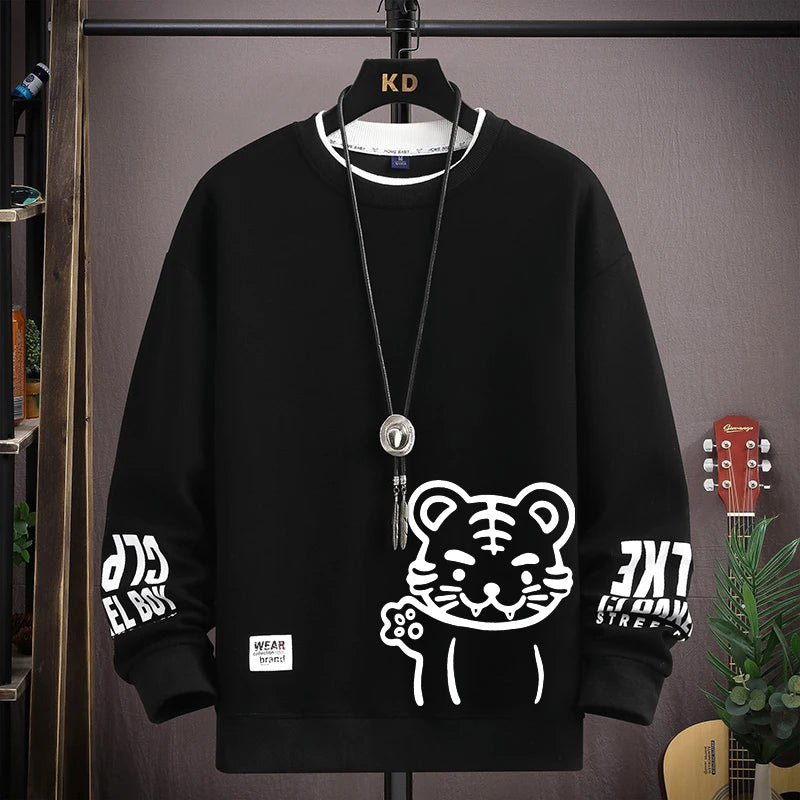 Felpa da uomo Cartoon giapponese Felpe con cappuccio T-shirt a maniche lunghe stampata tigre autunnale Abbigliamento da uomo di moda Cachi O Collo Harajuku Top