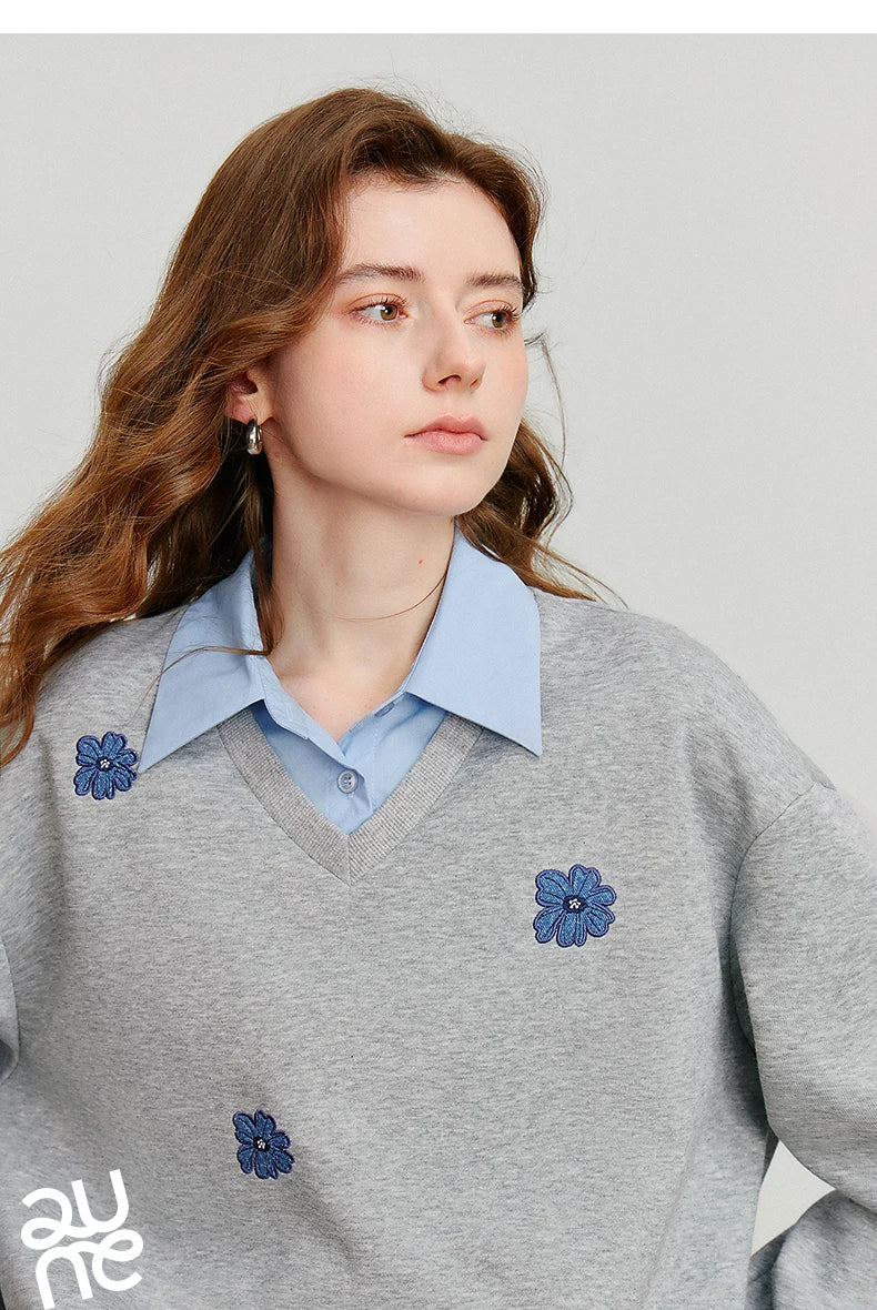 TOYOUTH Felpa da donna 2025 Autunno Nuovo Denim Fiore Ricamo Falso in due pezzi Splicing Colletto rovesciato Pullover casual in cotone