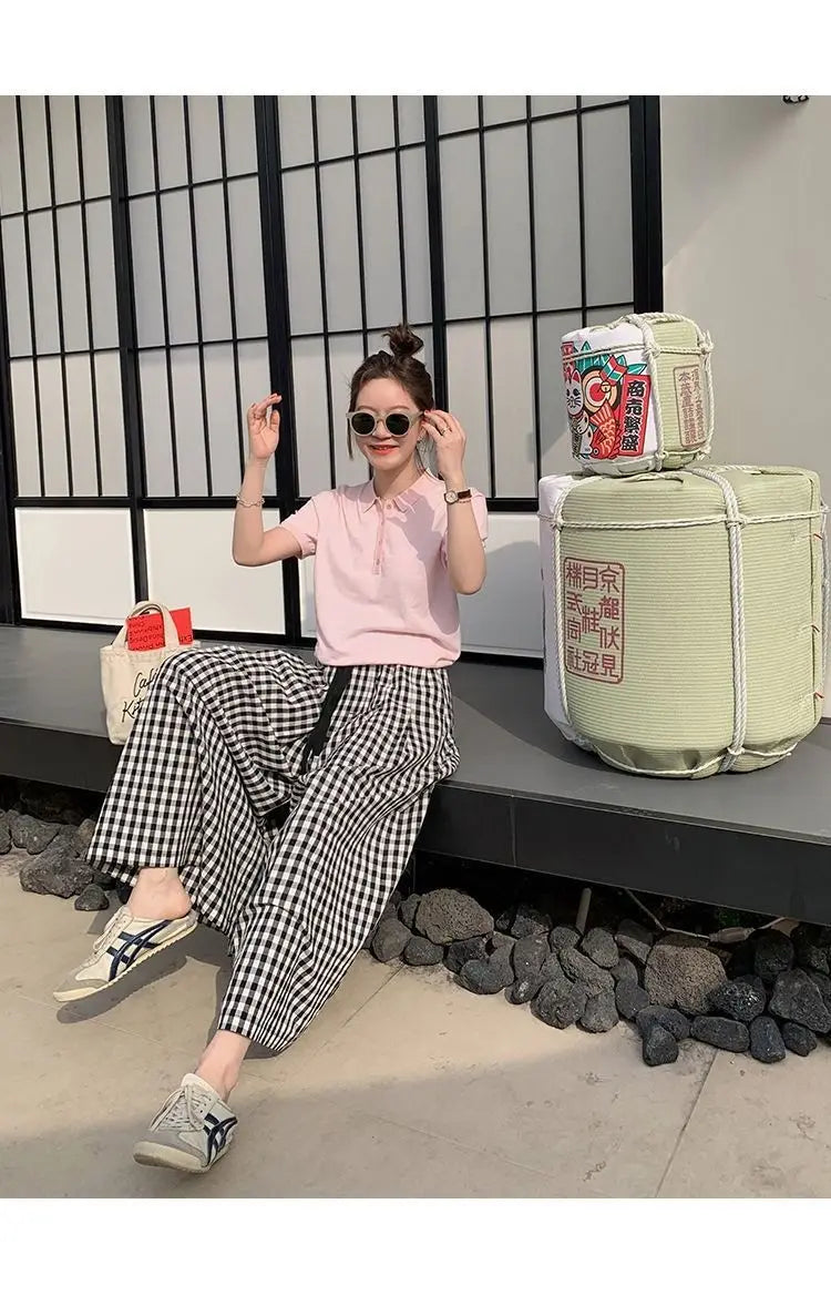 Pantaloni scozzesi a gamba larga da donna Pantaloni larghi stile coreano con pannelli Pantaloni streetwear Pantalones Abbigliamento estivo A-line Adolescenti College