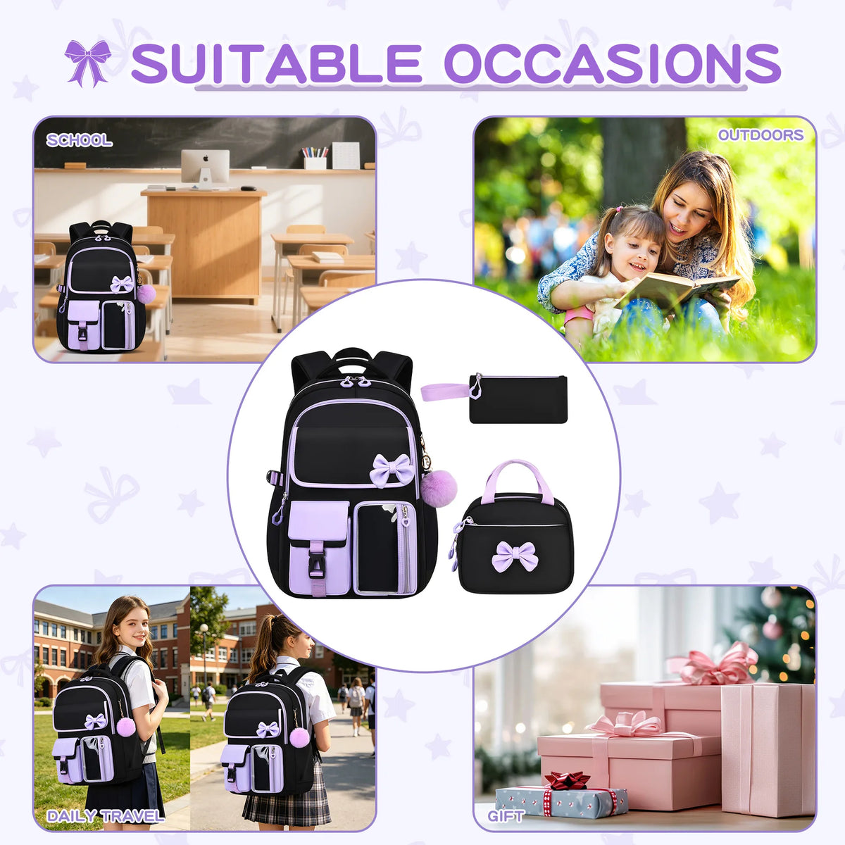 Zaino scolastico elementare multitasche per ragazze, zaino ergonomico impermeabile con fiocco, set di zaini per viaggi all'aperto e uso quotidiano