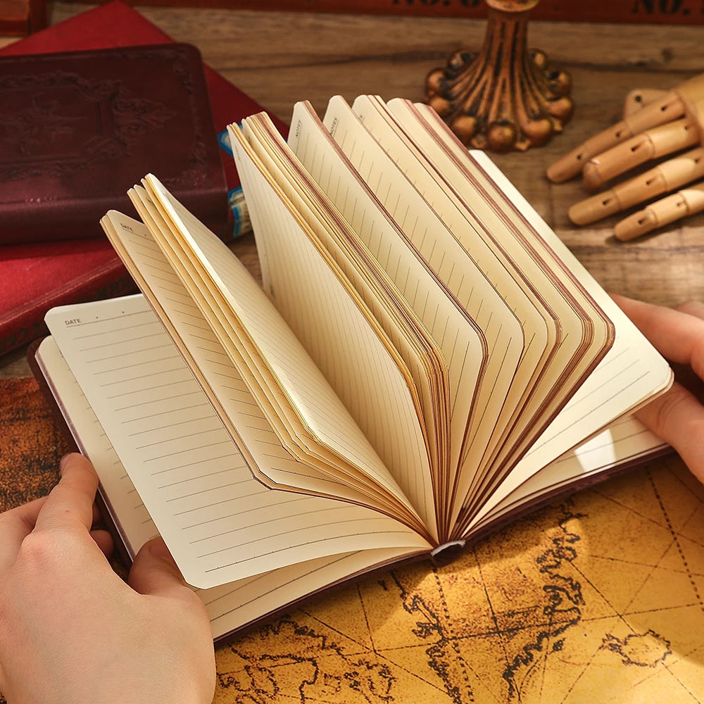 144 Sheets A6 Vintage PU Leather Journal Book Portable Lined Thick Paper Notebook Writing Diary Monthly Schedule Weekly Planner