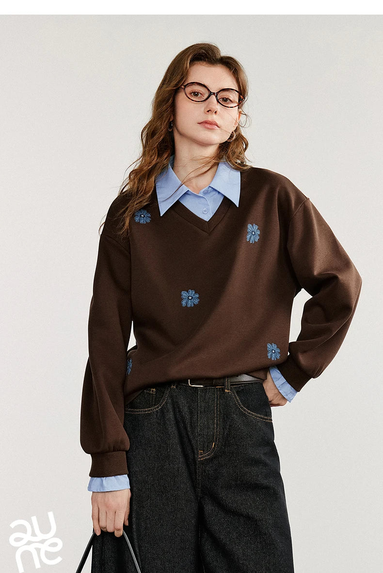 TOYOUTH Felpa da donna 2025 Autunno Nuovo Denim Fiore Ricamo Falso in due pezzi Splicing Colletto rovesciato Pullover casual in cotone