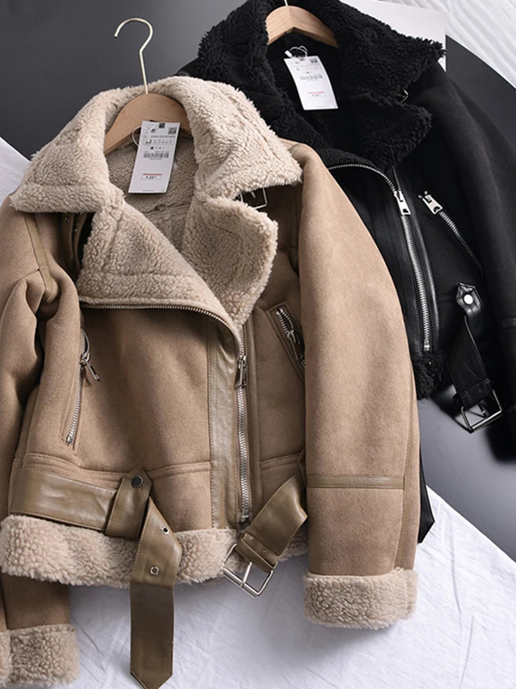 Ailegogo Giacca invernale da donna in pelle scamosciata calda e spessa, corta da motociclista, cappotti marroni, giacche in pelle di montone finto shearling, capispalla