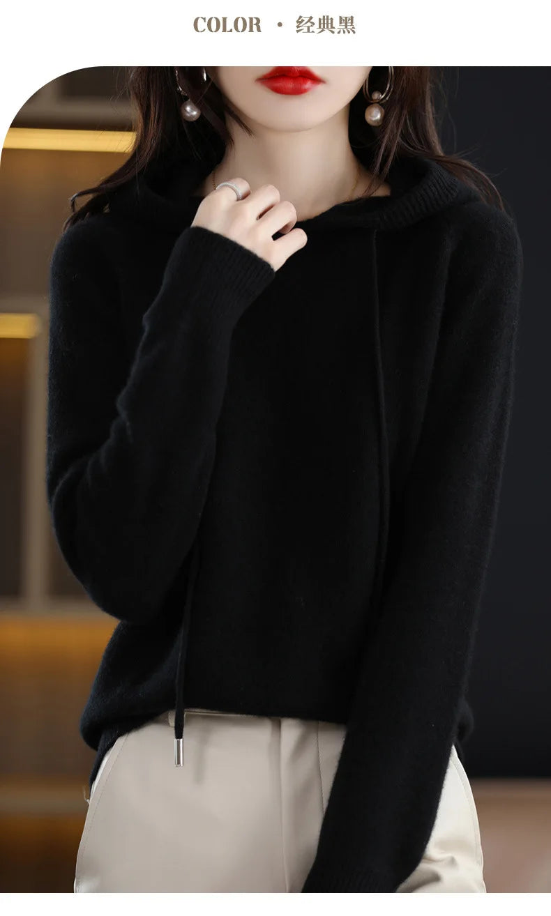Maglione con cappuccio Moda Donna Autunno Inverno Manica lunga Tinta unita Felpe con cappuccio lavorate a maglia Lady Felpa con cappuccio pullover casual con coulisse allentata