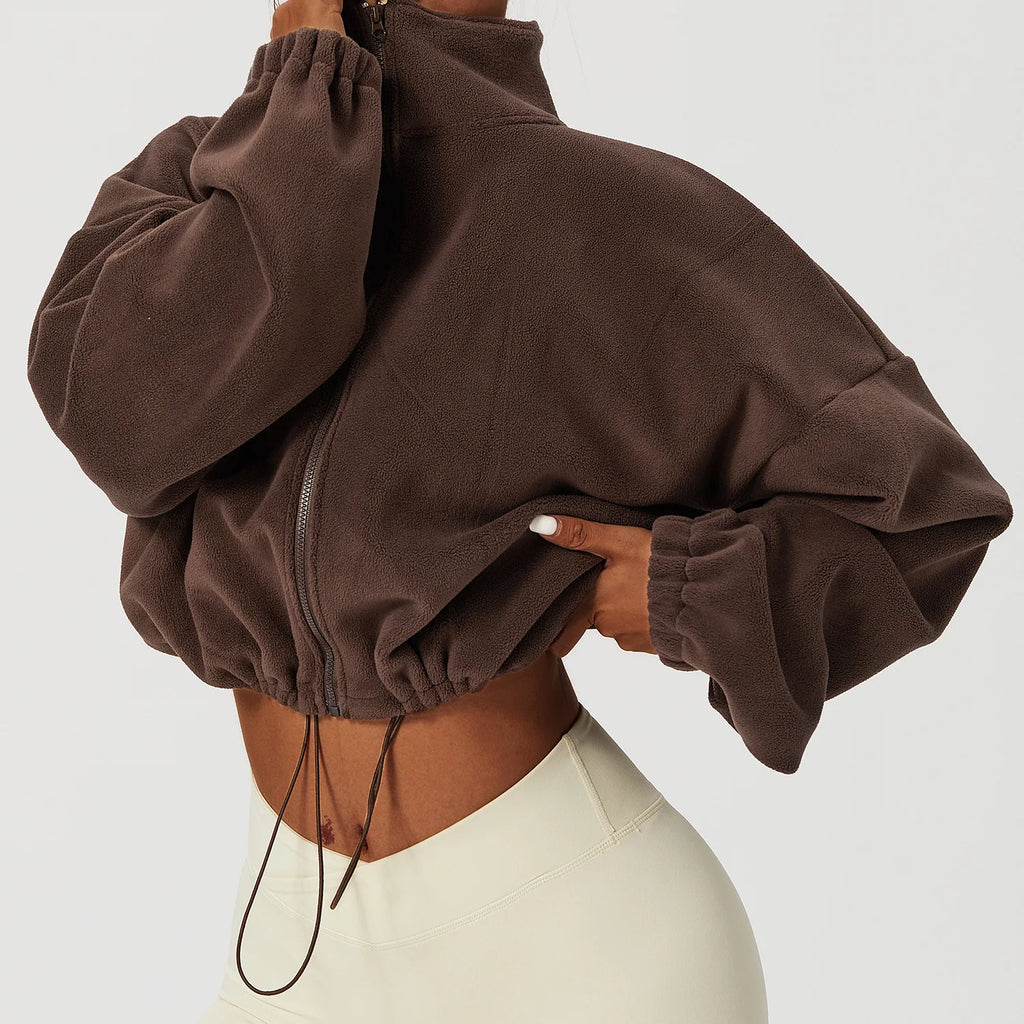 Felpa con cappuccio da donna in pile polare con zip, vestibilità ampia, top corto atletico con colletto rialzato, fori per i pollici e orlo con coulisse per l'autunno inverno
