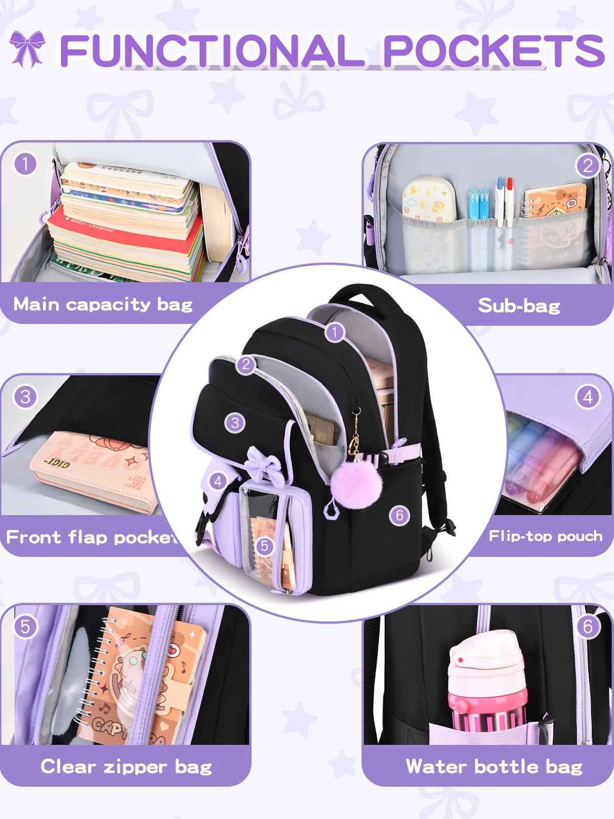 Zaino scolastico elementare multitasche per ragazze, zaino ergonomico impermeabile con fiocco, set di zaini per viaggi all'aperto e uso quotidiano
