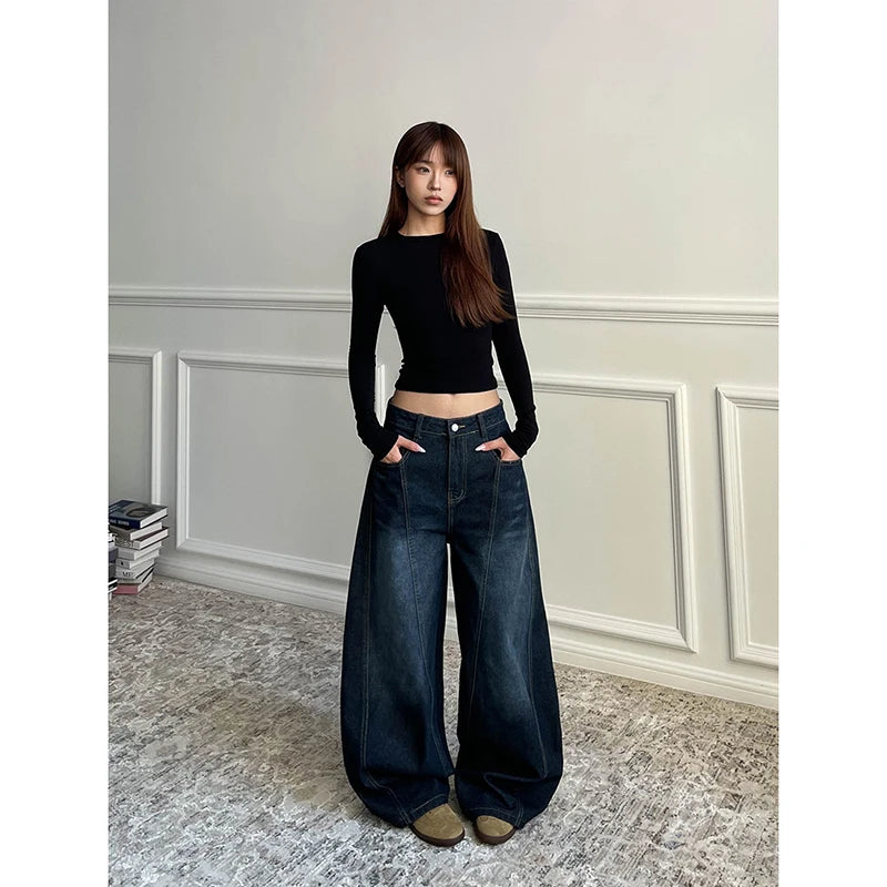 Blu delle Donne Retro Y2K 2000s Gamba Larga Baggy Casual Denim Pantaloni A Vita Alta Jeans Allentati 2024 Autunno Harajuku Pantaloni a Figura Intera