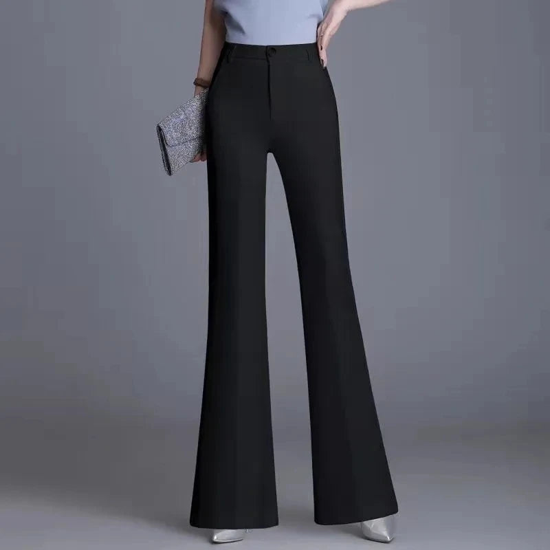 Pantaloni classici a zampa d'elefante bianchi sottili per le donne 2025 Pantaloni estivi a vita alta con fondo a campana sottile Pantaloni da donna da ufficio neri 5XL