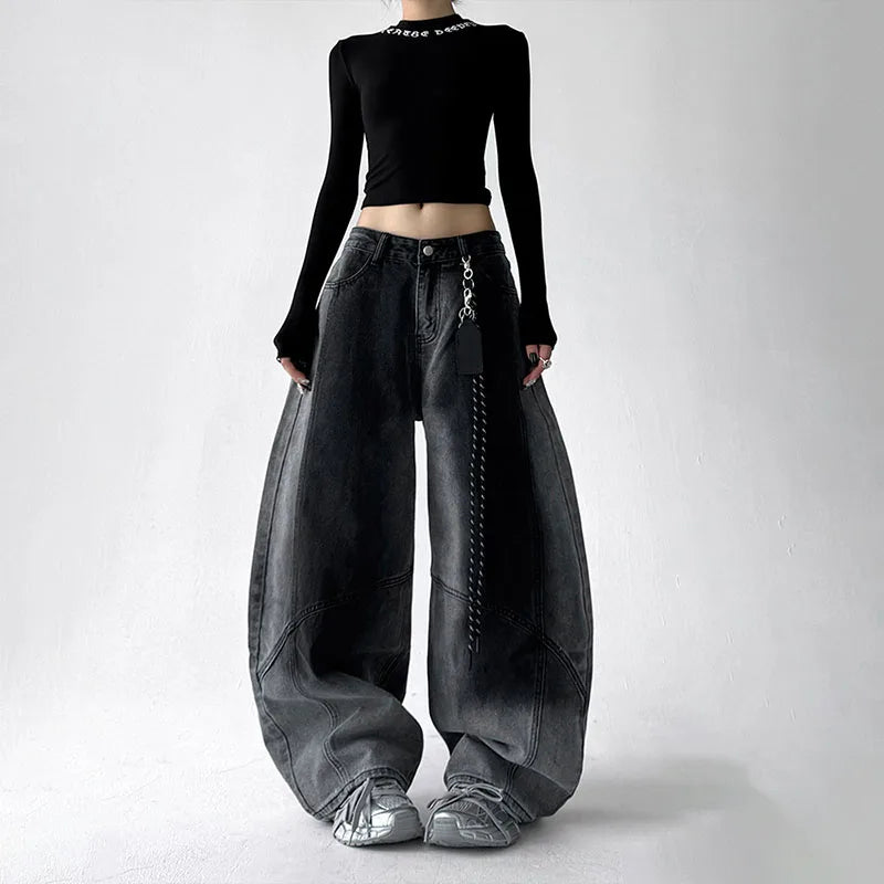 Jeans coreani retrò sfumati per donna Pantaloni a gamba dritta Pantaloni casual a gamba larga Jeans blu Pantaloni Y2k larghi senza pendente