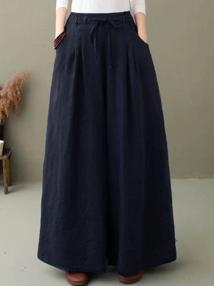 ZANZEA Pantaloni a gamba larga da donna eleganti Pantaloni autunnali Casual con coulisse Pantalon Palazzo Donna Elastico in vita Rapa oversize
