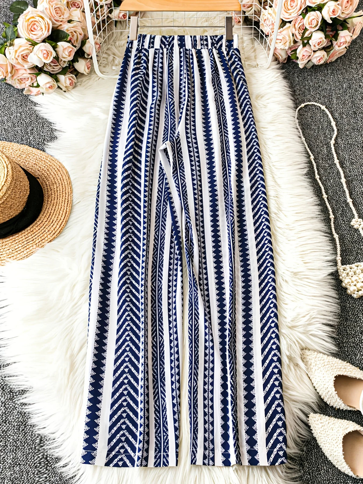 Pantaloni lunghi da spiaggia a gamba larga, stile bohémien, casual ed eleganti, stampati, elasticizzati, a vita alta, modellanti, da donna.