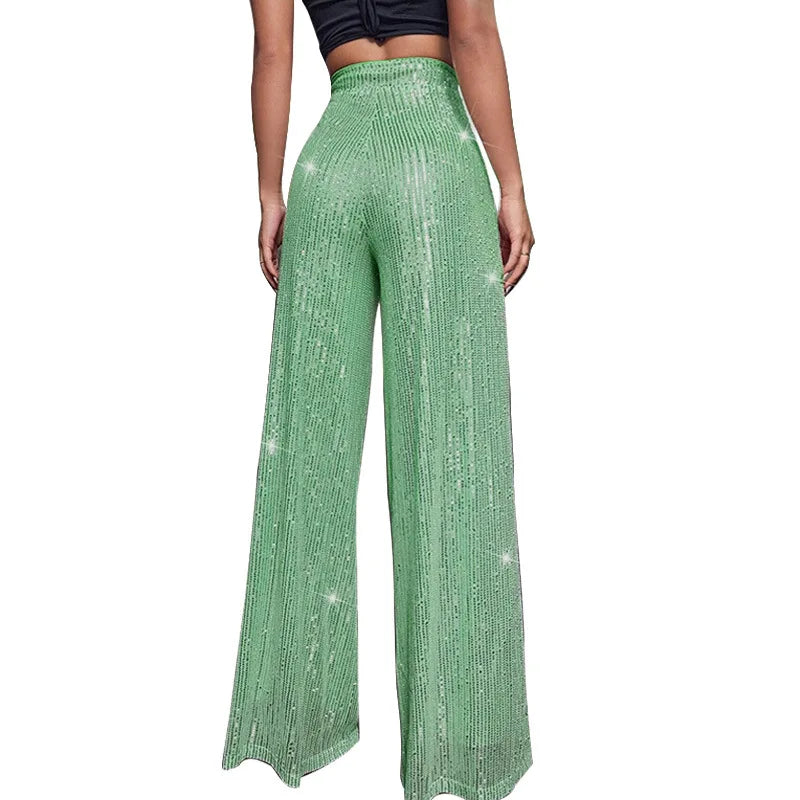 Pantaloni da donna, abbigliamento femminile, vestiti alla moda, pantaloni casual con paillettes, pantaloni eleganti, ampi e fluidi, a gamba larga, hwy5623