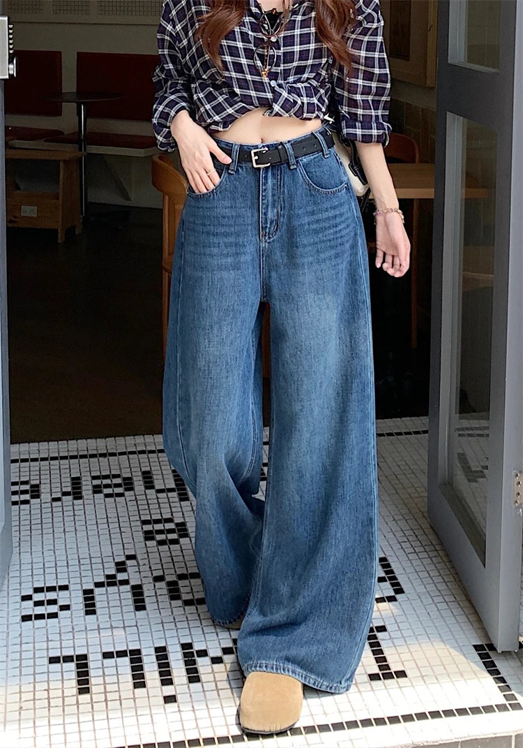 Jeans a Vita Alta Stile Americano, Gamba Larga, per Donna, Autunno Inverno, Vestibilità Comoda, Pantaloni Lunghi, Taglio Dritto, Casual, Denim Blu, Effetto Snellente