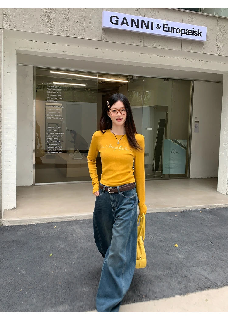 Jeans in denim blu a gamba dritta e vestibilità ampia da donna, pantaloni casual a gamba larga, comodi e rilassanti, stile coreano, per la primavera