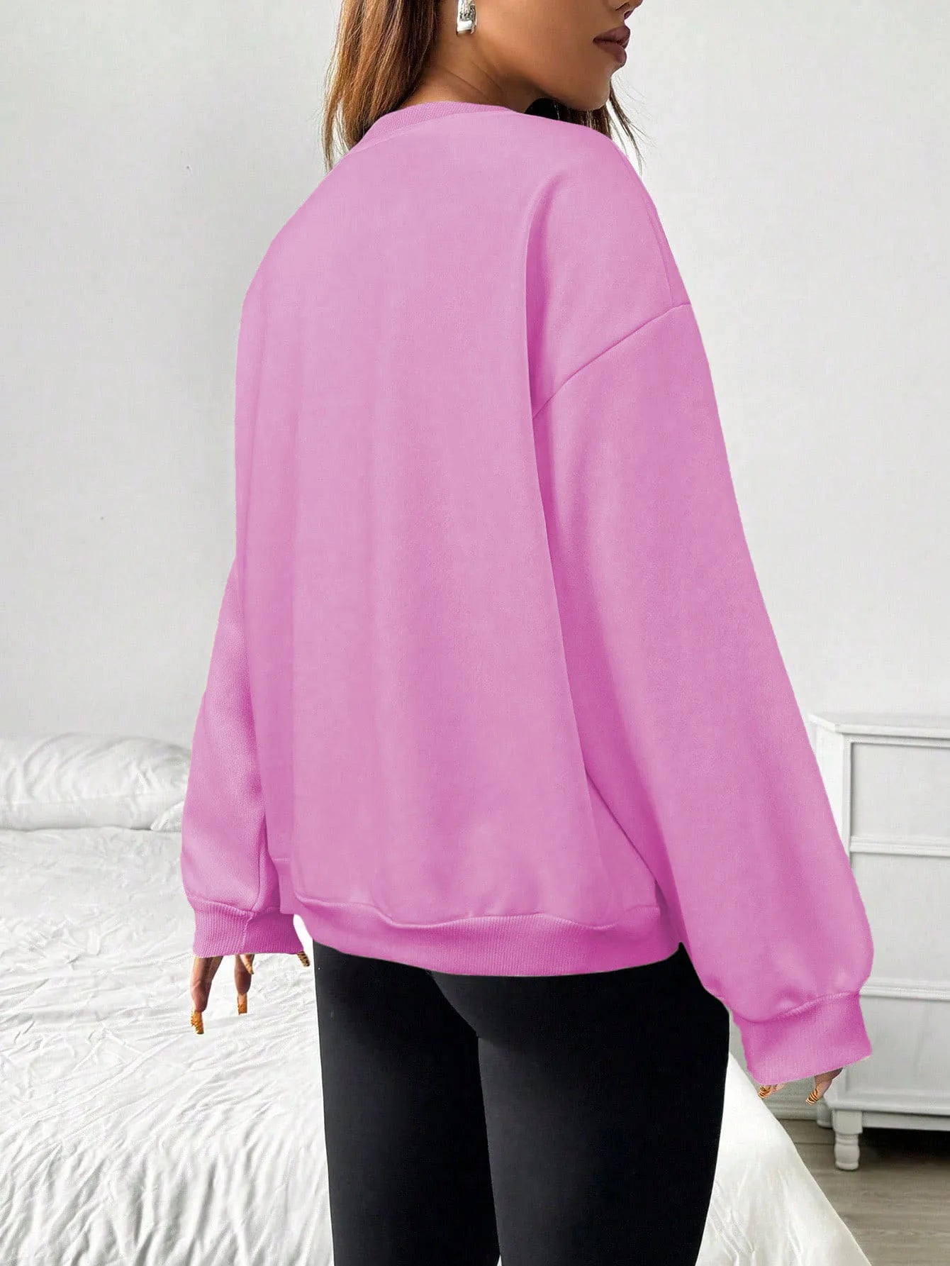 Felpa da donna casual semplice tinta unita ampia a maniche lunghe versione oversize o-collo top basic primavera/autunno streetwear