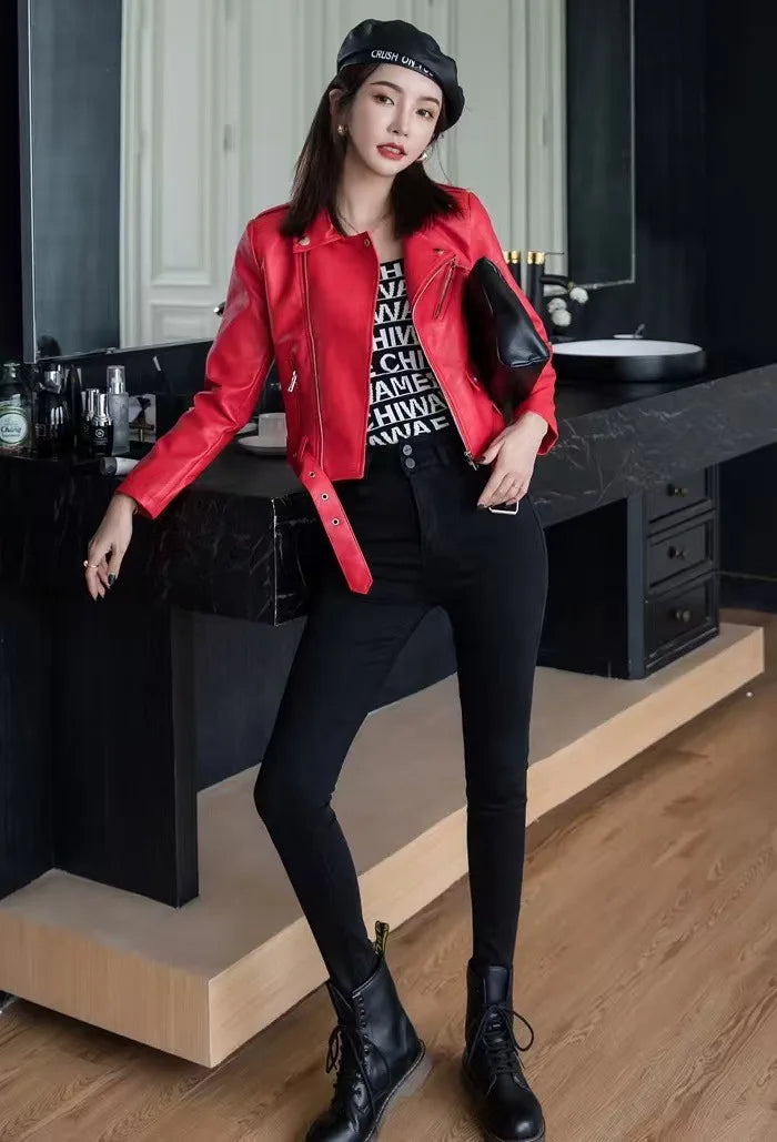 2025 Primavera Autunno Nuova giacca di pelle da donna Abbigliamento da moto Cappotto corto