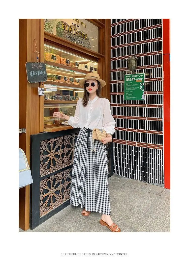 Pantaloni scozzesi a gamba larga da donna Pantaloni larghi stile coreano con pannelli Pantaloni streetwear Pantalones Abbigliamento estivo A-line Adolescenti College