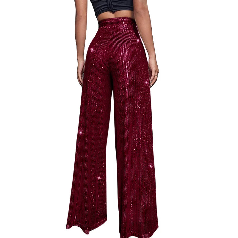 Pantaloni da donna, abbigliamento femminile, vestiti alla moda, pantaloni casual con paillettes, pantaloni eleganti, ampi e fluidi, a gamba larga, hwy5623