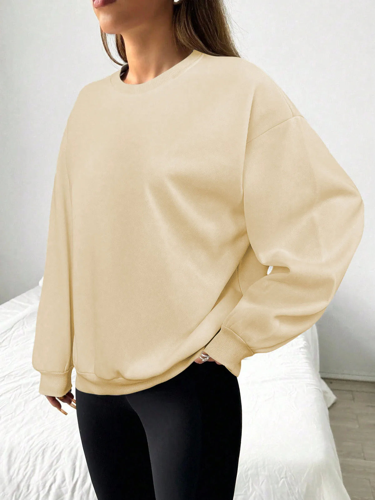 Felpa da donna casual semplice tinta unita ampia a maniche lunghe versione oversize o-collo top basic primavera/autunno streetwear