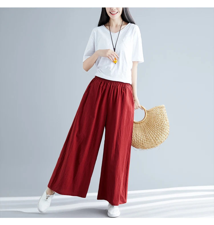 Nuovi pantaloni primaverili da donna in cotone e lino 2026, pantaloni casual a gamba larga autunnali, taglie forti, neri, bianchi, rossi, kaki, 5XL 6XL