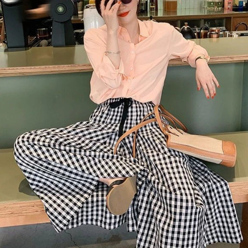 Pantaloni scozzesi a gamba larga da donna Pantaloni larghi stile coreano con pannelli Pantaloni streetwear Pantalones Abbigliamento estivo A-line Adolescenti College