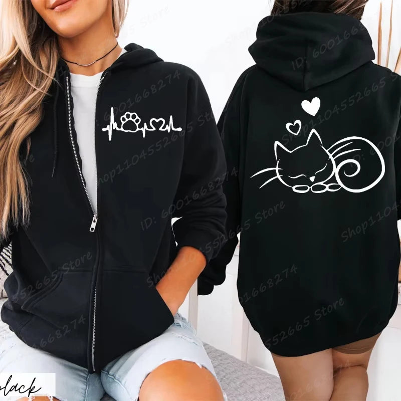 Felpe con cerniera da donna Autunno Inverno New Cute Cat Heatbeat Line Print Felpe con cappuccio Hip Hop Streetwear Donna Zip Up Jacket Cappotto Abbigliamento