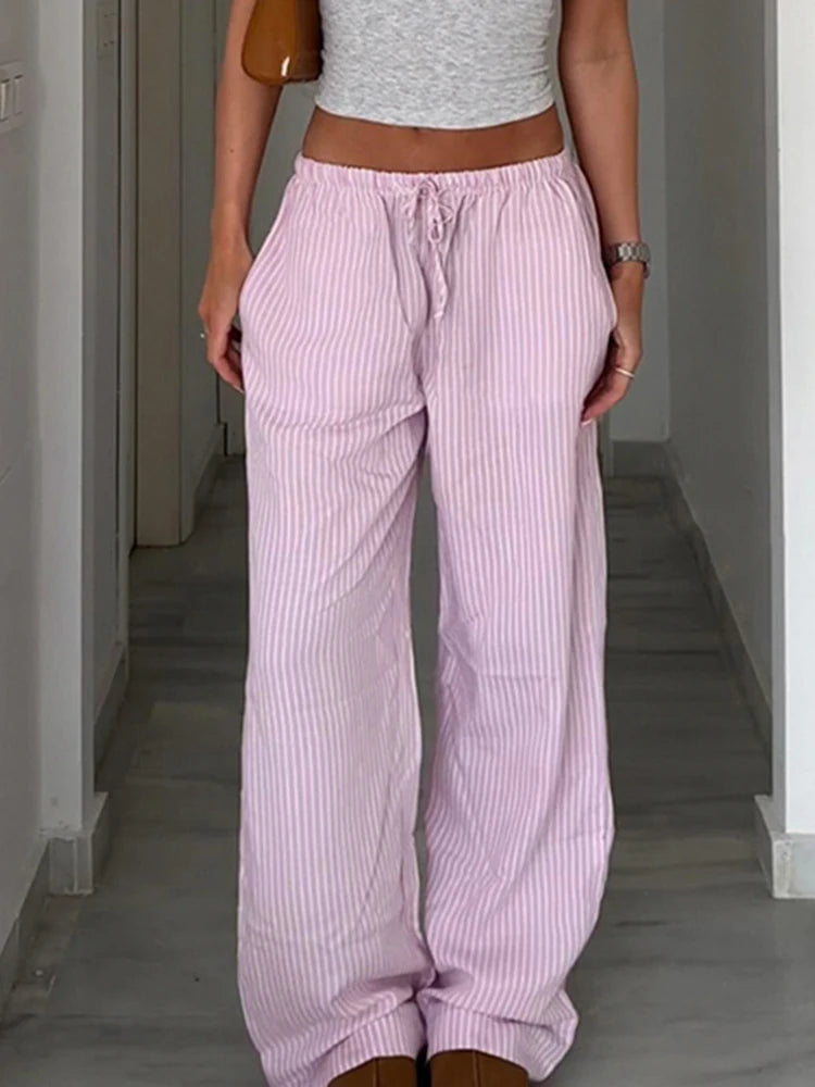 Pantaloni larghi con stampa a righe streetwear Pantaloni da jogging con lacci Moda Y2K Pantaloni larghi Estetici di base anni '90 Pantaloni carini