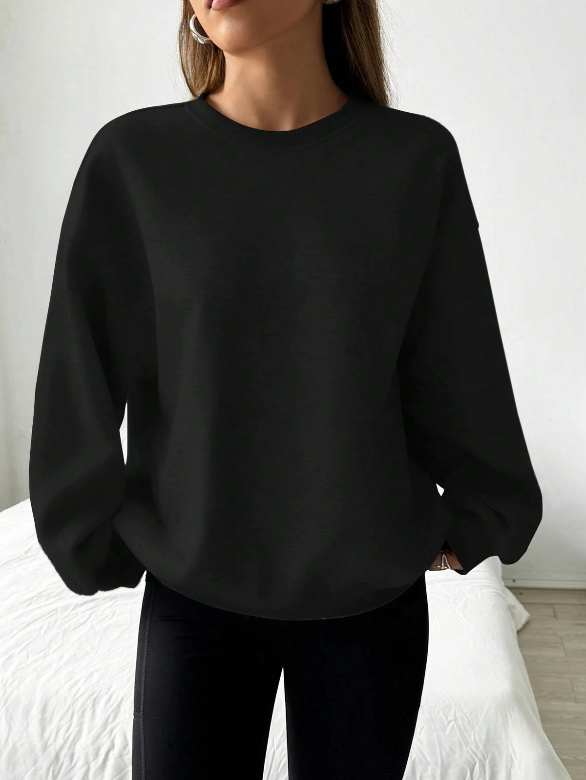 Felpa da donna casual semplice tinta unita ampia a maniche lunghe versione oversize o-collo top basic primavera/autunno streetwear