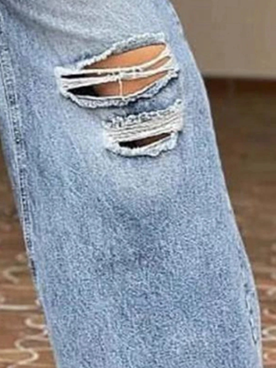 Pantaloni a gamba larga con foro ampio retrò a vita alta alla moda da donna Pantaloni lunghi da donna nuovi jeans lavati di colore chiaro