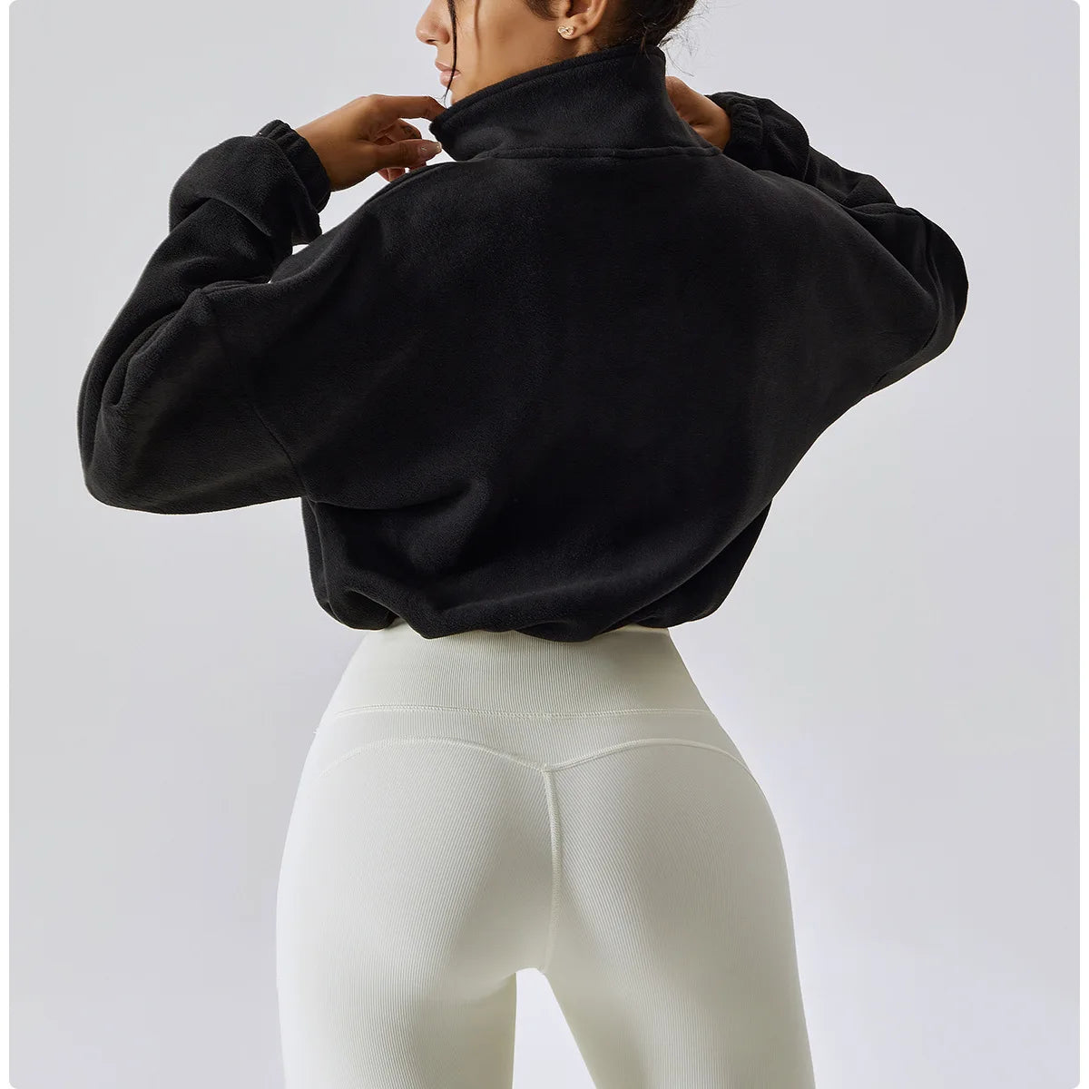 Felpa con cappuccio da donna in pile polare con zip, vestibilità ampia, top corto atletico con colletto rialzato, fori per i pollici e orlo con coulisse per l'autunno inverno