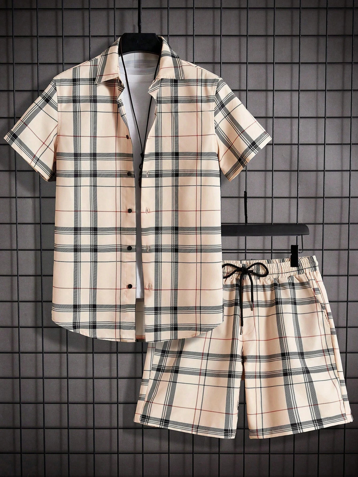 Abito da uomo casual da strada Camicia e pantaloncini con risvolto a maniche corte con motivo stampato scozzese alla moda personalizzato Set da due pezzi da uomo