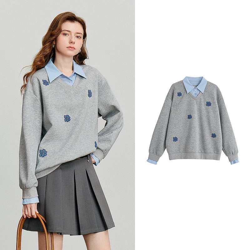 TOYOUTH Felpa da donna 2025 Autunno Nuovo Denim Fiore Ricamo Falso in due pezzi Splicing Colletto rovesciato Pullover casual in cotone