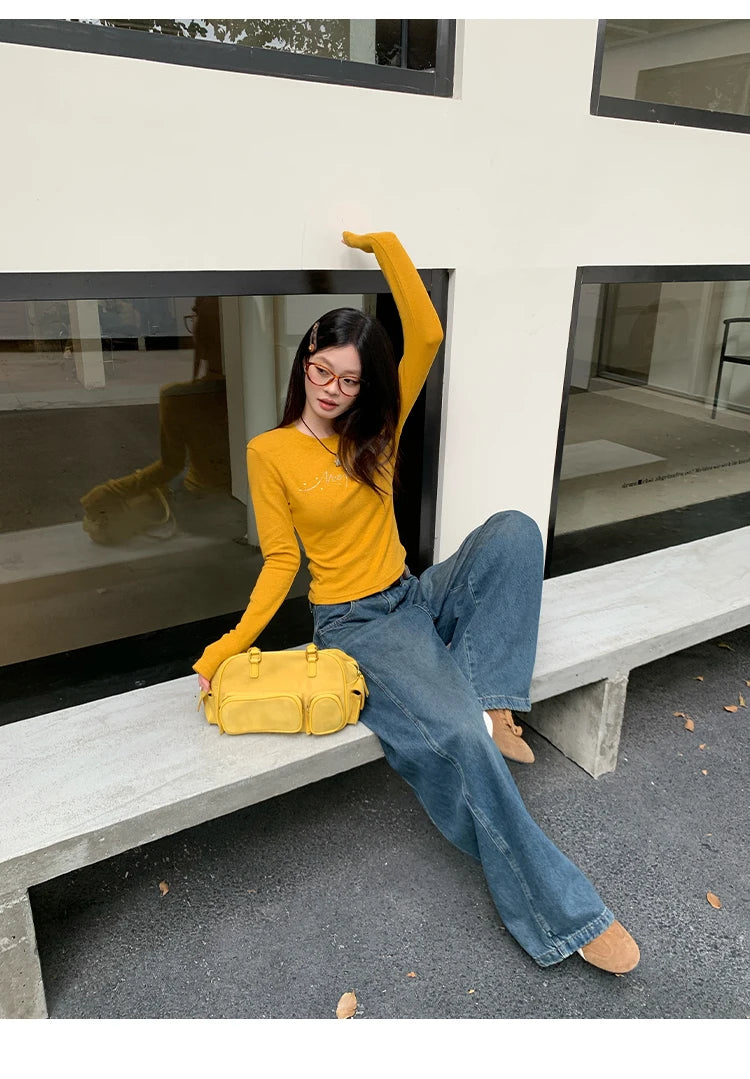 Jeans in denim blu a gamba dritta e vestibilità ampia da donna, pantaloni casual a gamba larga, comodi e rilassanti, stile coreano, per la primavera