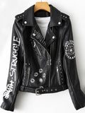 Fitaylor Autunno Inverno Donna Giacca in ecopelle con stampa graffiti Lady Moto Bike Cappotto in pelle PU Giacca casual con rivetti con cintura