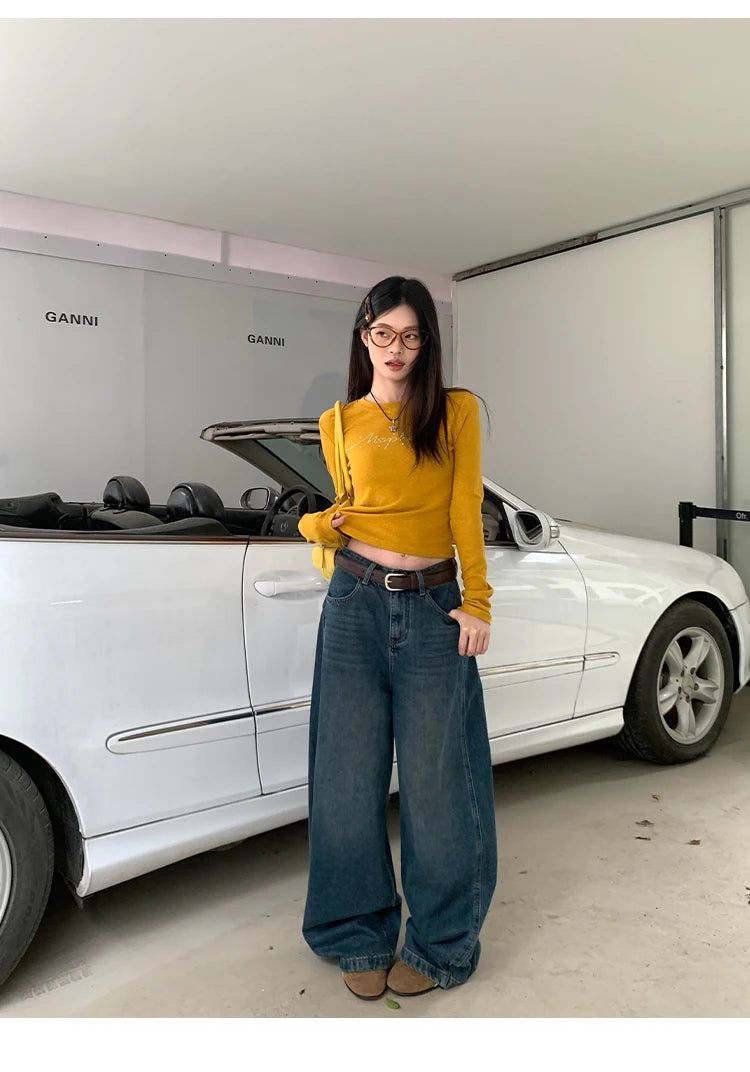 Jeans in denim blu a gamba dritta e vestibilità ampia da donna, pantaloni casual a gamba larga, comodi e rilassanti, stile coreano, per la primavera