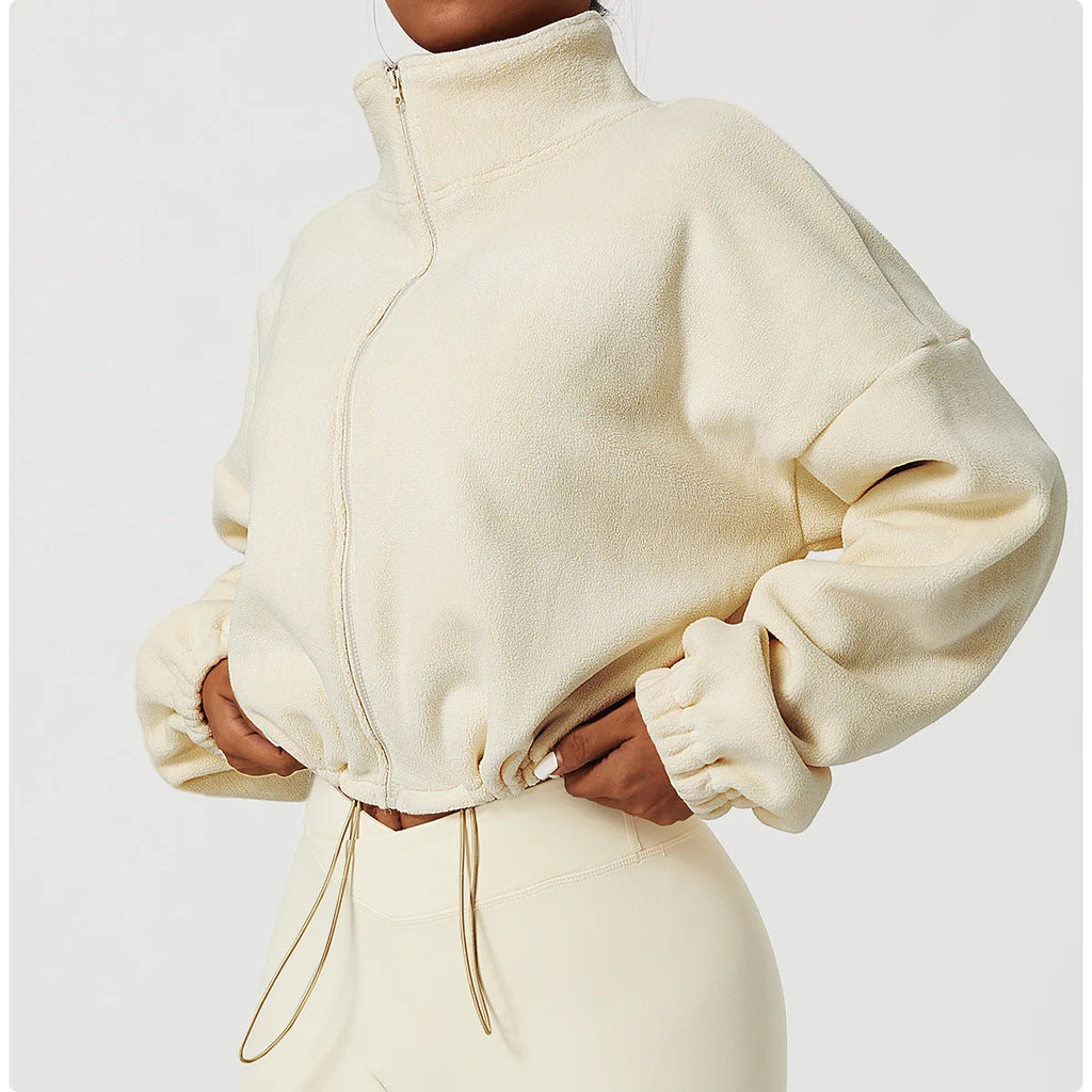Felpa con cappuccio da donna in pile polare con zip, vestibilità ampia, top corto atletico con colletto rialzato, fori per i pollici e orlo con coulisse per l'autunno inverno