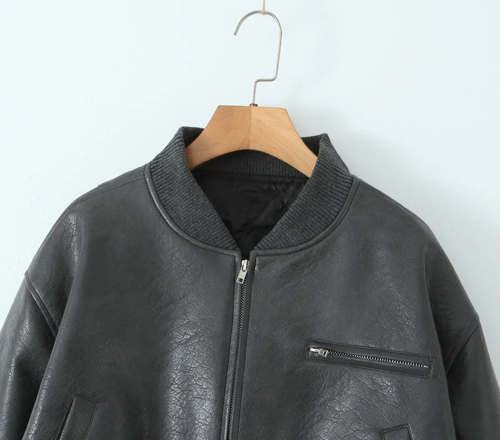 Giacca in Pelle PU Y2K COOL da Donna con Collo a V, Maniche Lunghe, Cerniera, Imbottita, Corta e Larga, Grigia