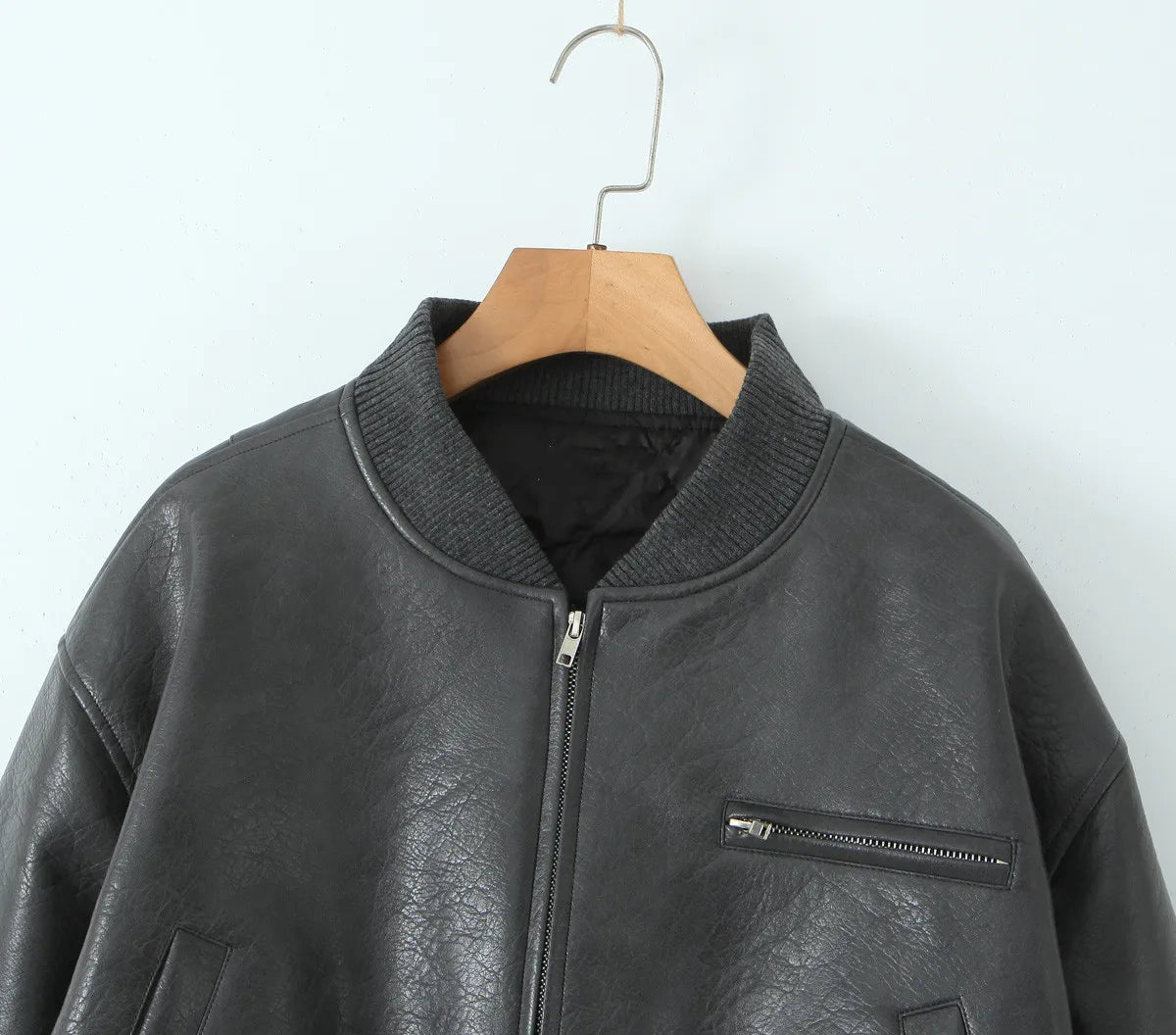 Giacca in Pelle PU Y2K COOL da Donna con Collo a V, Maniche Lunghe, Cerniera, Imbottita, Corta e Larga, Grigia