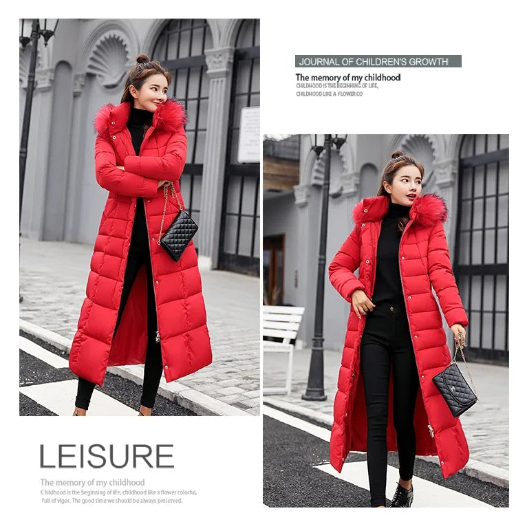 Cappotto Parka lungo in cotone piumino femminile nuovo inverno sopra il ginocchio ampio collo in pelliccia con cappuccio caldo parka spesso soprabito imbottito da donna
