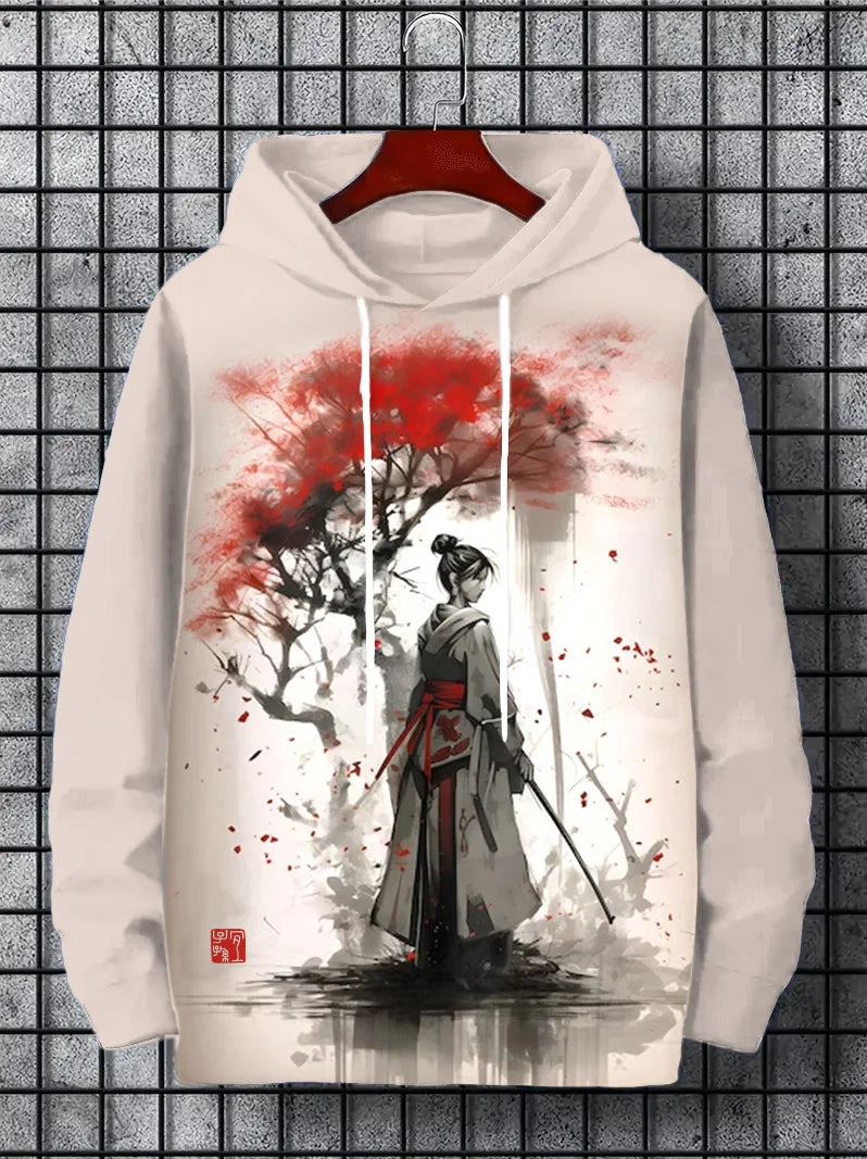 Felpa con cappuccio da uomo Samurai Stampa Y2k Felpa Harajuku Camicia con cappuccio Pullover Casual Oversize Manica lunga Sport Top Abbigliamento da uomo