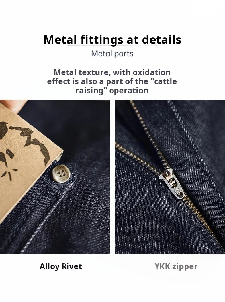 Maden Vintage Jeans da uomo in denim grezzo con cimosa da 15,6 once Pantaloni a gamba larga con cerniera YKK Jeans dritti per l'autunno e l'inverno