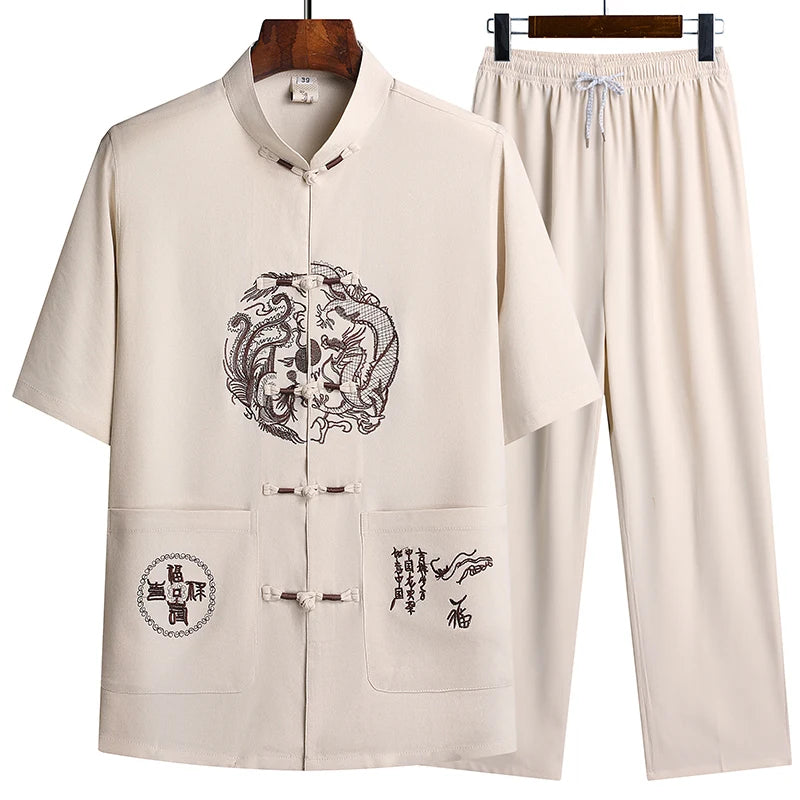 Lino (top + pantaloni) abito Tang cinese in lino arruffato di mezza età da uomo in stile cinese Hanfu nonno vestito in lino