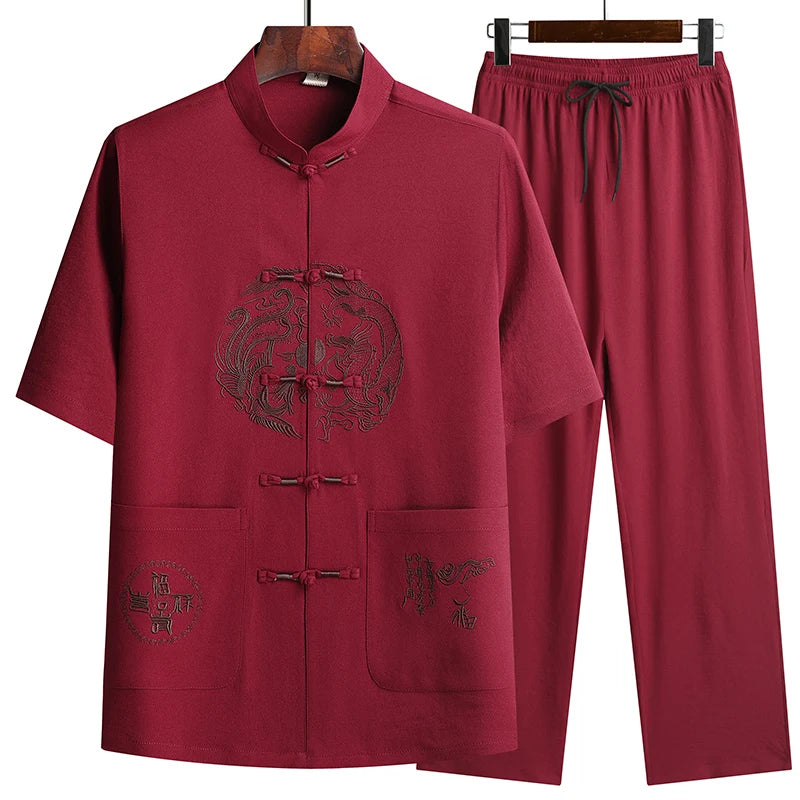 Lino (top + pantaloni) abito Tang cinese in lino arruffato di mezza età da uomo in stile cinese Hanfu nonno vestito in lino