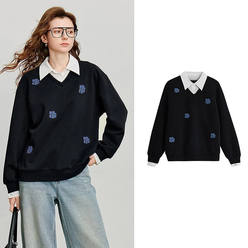 TOYOUTH Felpa da donna 2025 Autunno Nuovo Denim Fiore Ricamo Falso in due pezzi Splicing Colletto rovesciato Pullover casual in cotone