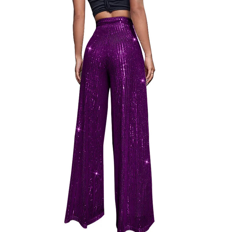 Pantaloni da donna, abbigliamento femminile, vestiti alla moda, pantaloni casual con paillettes, pantaloni eleganti, ampi e fluidi, a gamba larga, hwy5623