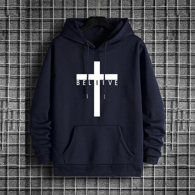 Felpa con Cappuccio da Uomo con Stampa Croce di Gesù, Moda Urbana Casual Streetwear, Trendy Autunno Inverno 2026
